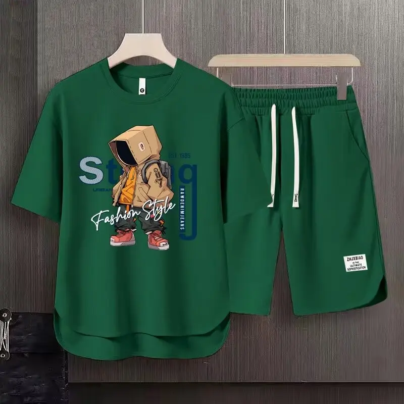 Męski letni komplet T-shirt i szorty z nadrukiem Zielony