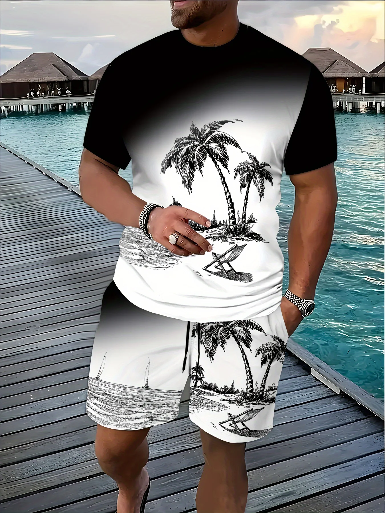 Męski komplet T-shirt i szorty z nadrukiem palm Sutkg23dhxt2z