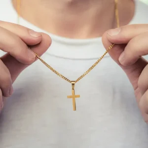 Męski naszyjnik łańcuch kubański z krzyżykiem, stal Złoty