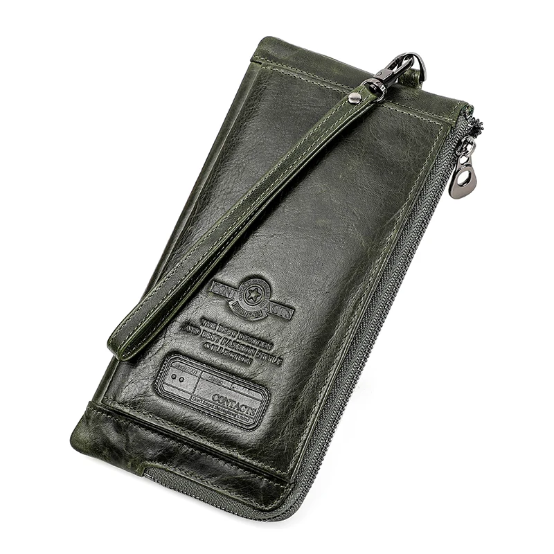 Męski portfel-kopertówka ze skóry naturalnej z RFID Ciemnozielony