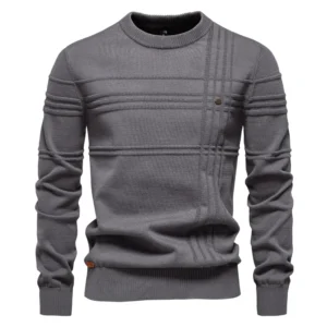 Męski sweter z dzianiny bawełnianej w paski, pod szyję Sw239 darkgrey