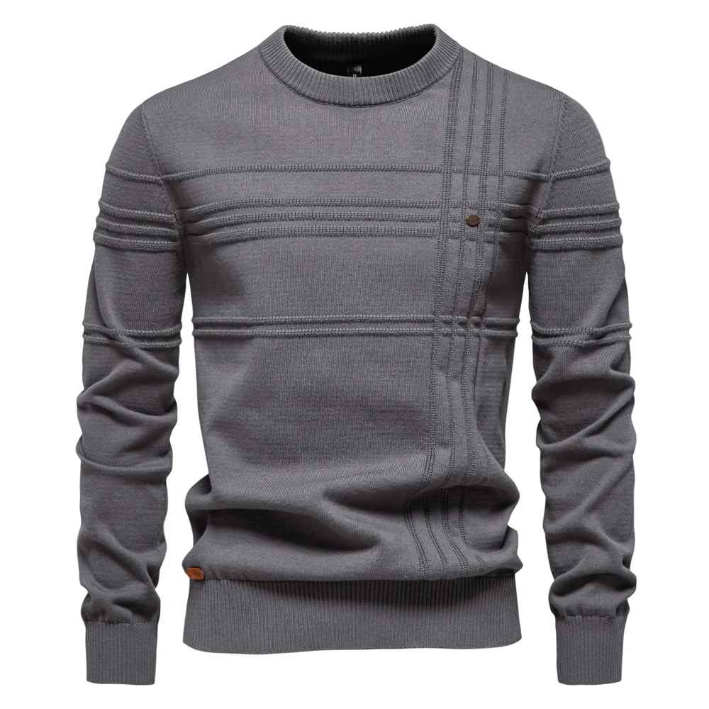 Męski sweter z dzianiny bawełnianej w paski, pod szyję Sw239 darkgrey