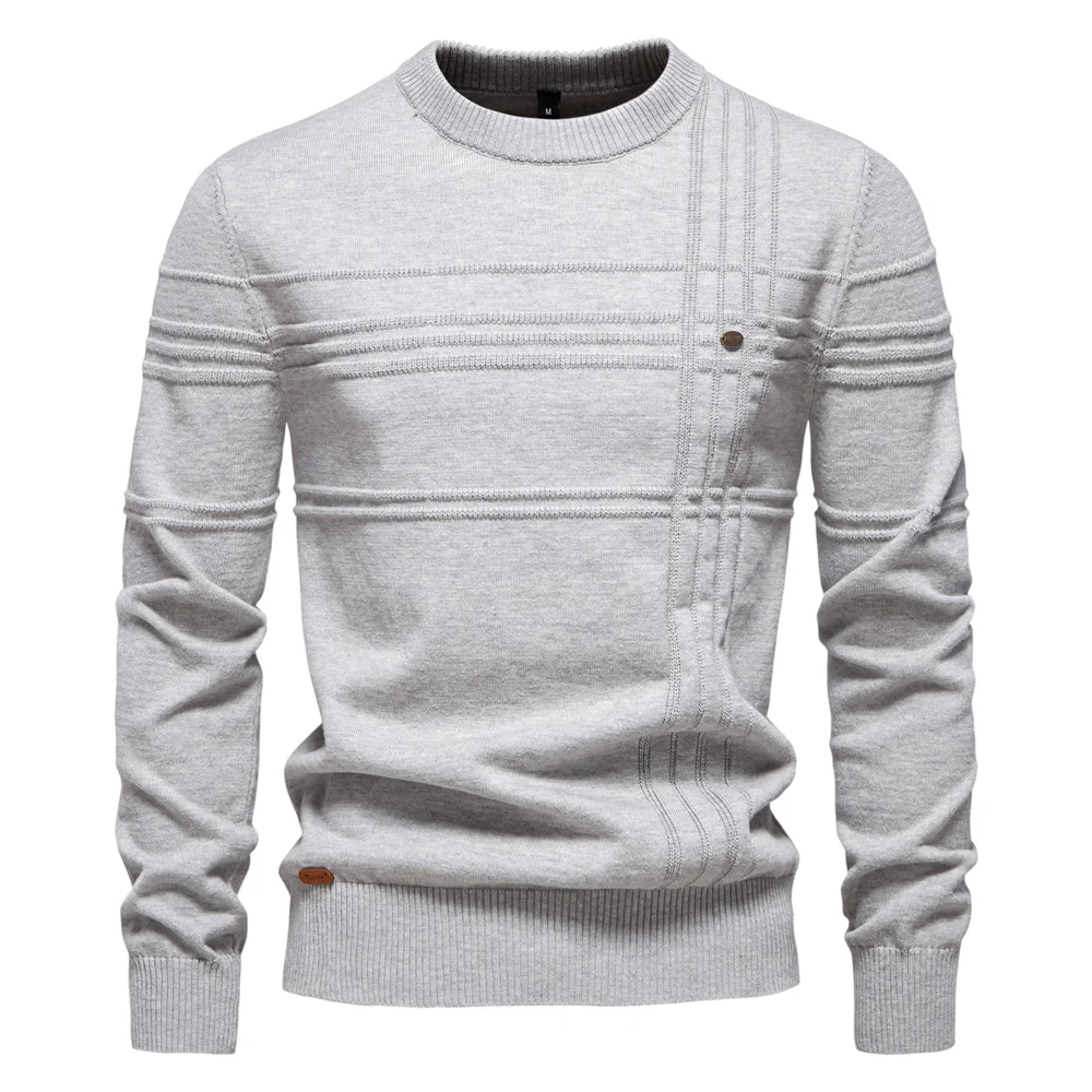 Męski sweter z dzianiny bawełnianej w paski, pod szyję Sw239 lgrey