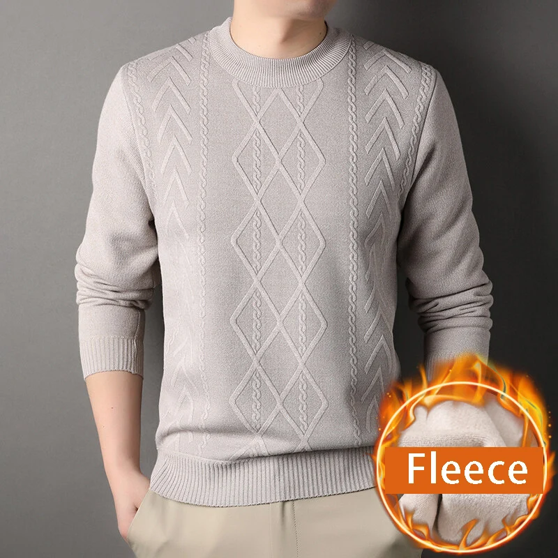 Męski sweter z dzianiny, klasyczny z okrągłym dekoltem Beżowy