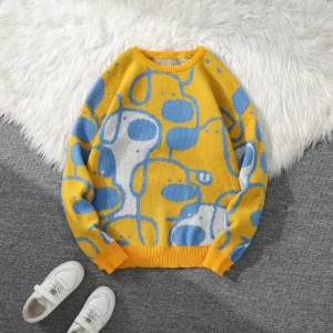 Męski sweter z dzianiny z motywem pieska, dwustronny wzór żółty