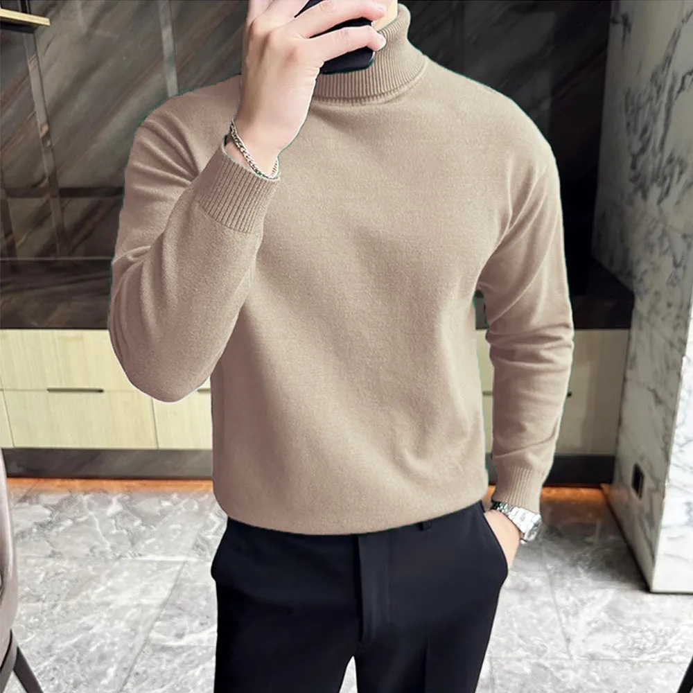 Męski sweter golf ocieplany polarem w stylu koreańskim Beżowy