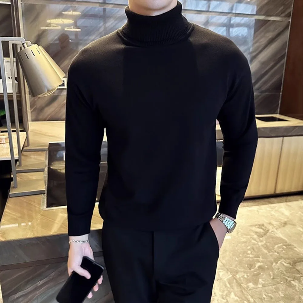 Męski sweter golf ocieplany polarem w stylu koreańskim Czarny