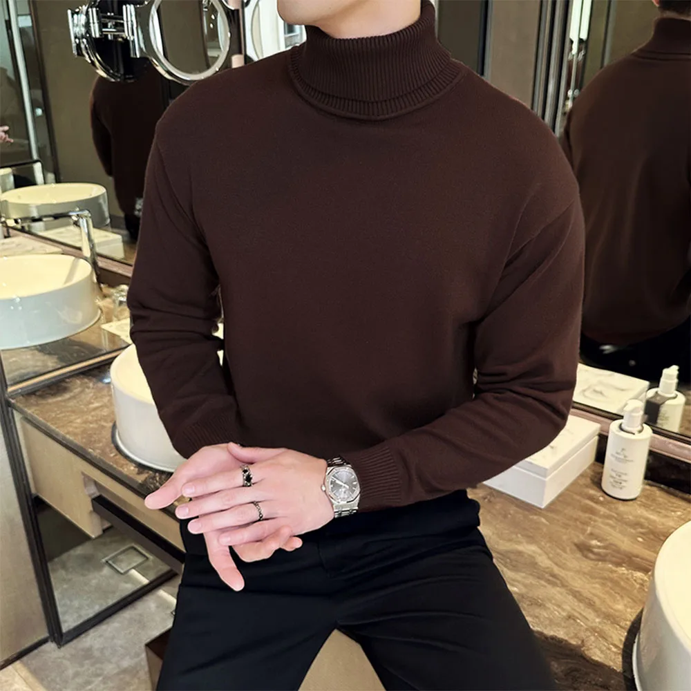 Męski sweter golf ocieplany polarem w stylu koreańskim Kawowy