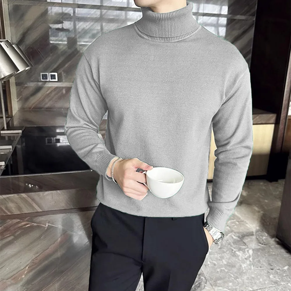Męski sweter golf ocieplany polarem w stylu koreańskim Szary