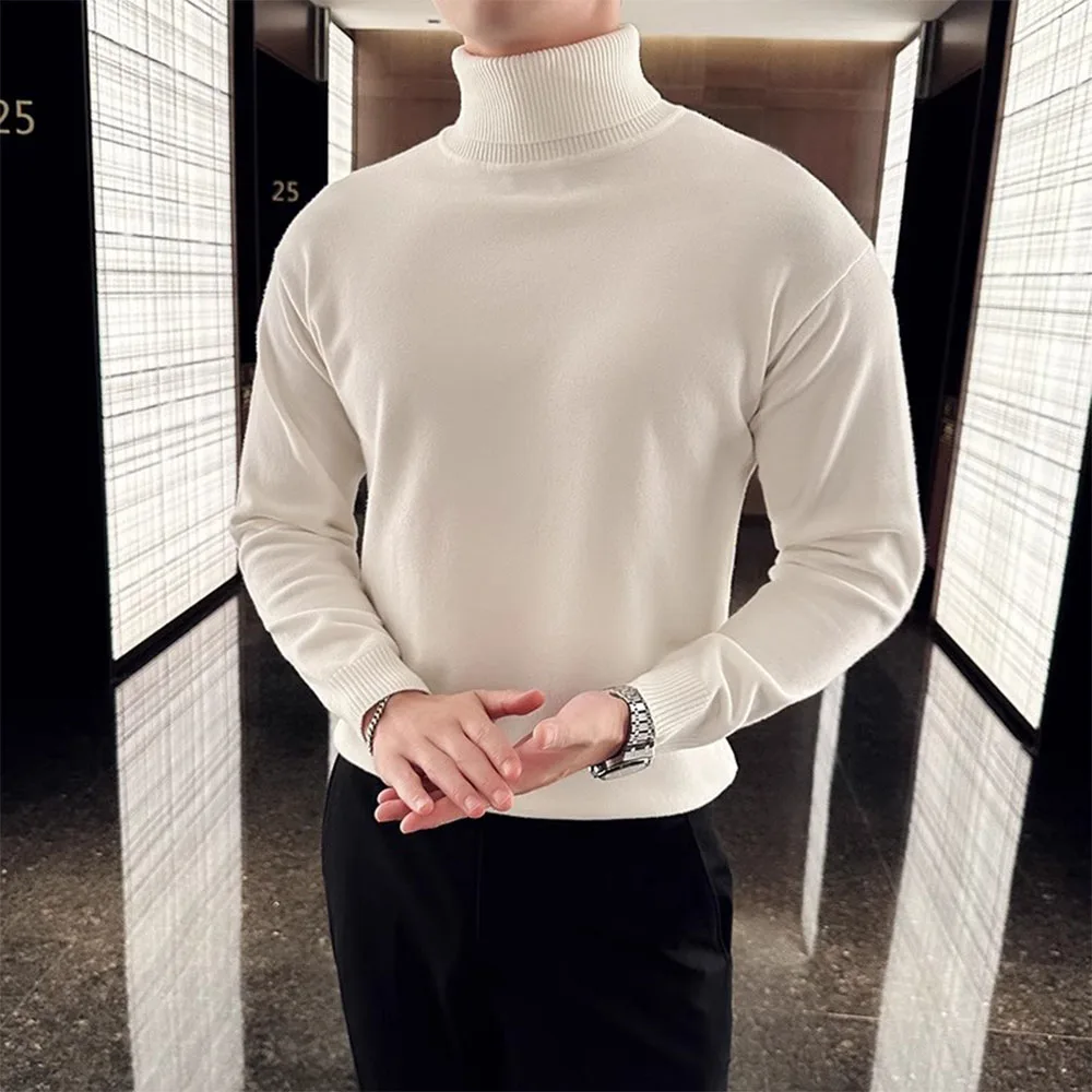 Męski sweter golf ocieplany polarem w stylu koreańskim Biały