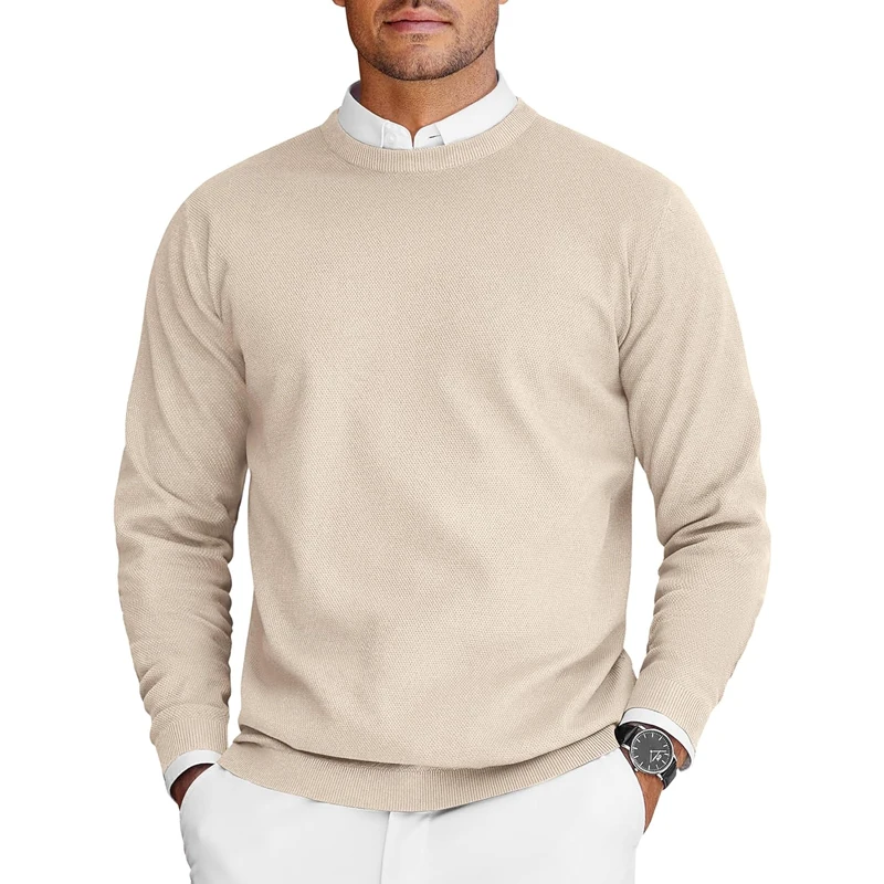 Męski sweter z okrągłym dekoltem, lekki dzianinowy oversize Beżowy