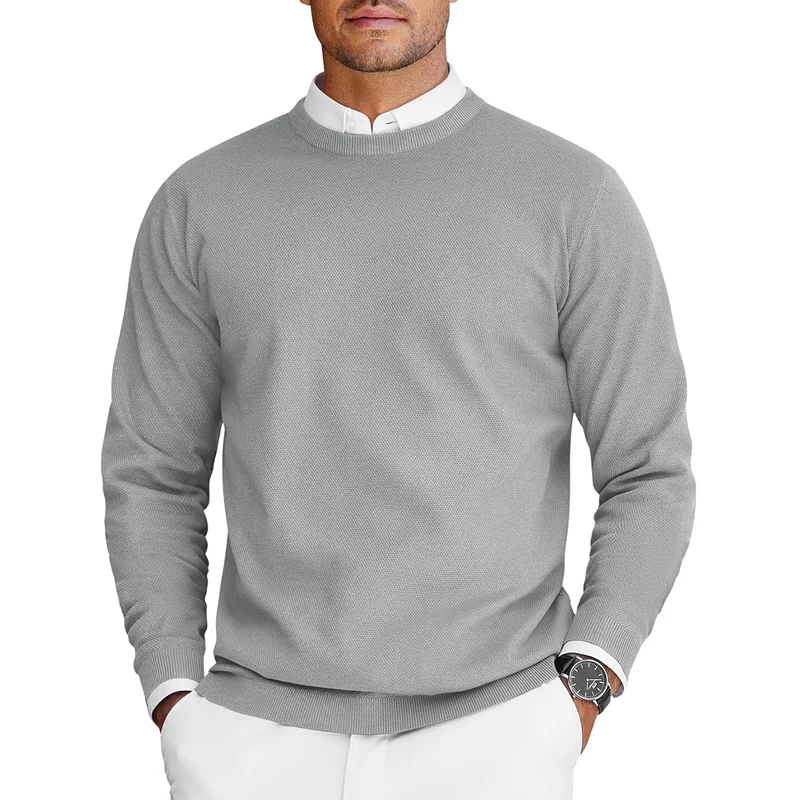 Męski sweter z okrągłym dekoltem, lekki dzianinowy oversize Jasnoszary