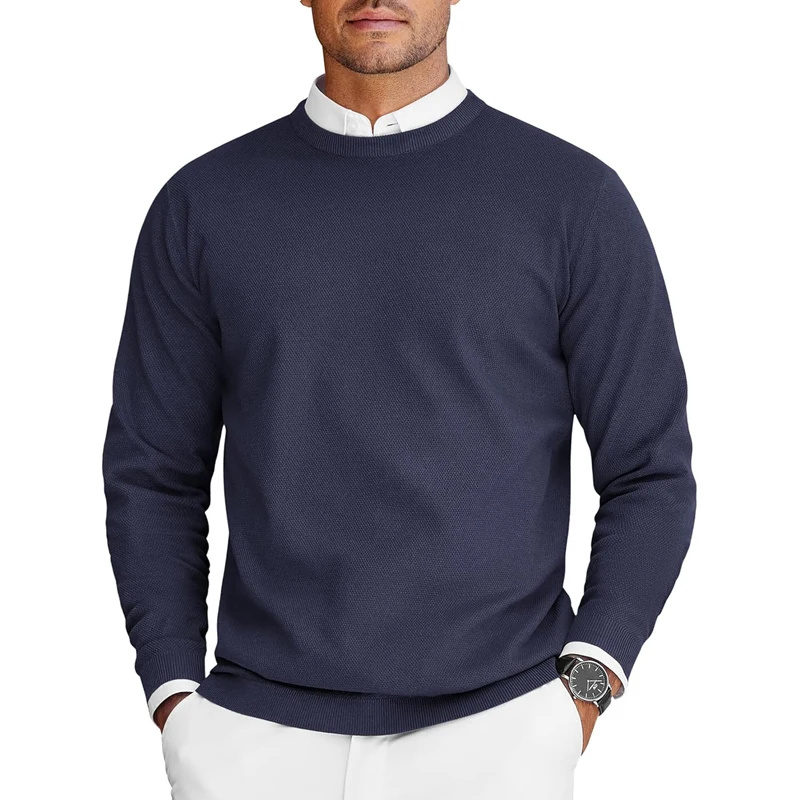 Męski sweter z okrągłym dekoltem, lekki dzianinowy oversize Granatowy