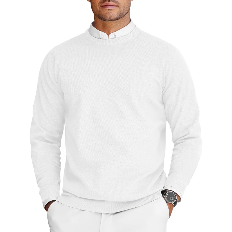 Męski sweter z okrągłym dekoltem, lekki dzianinowy oversize Biały