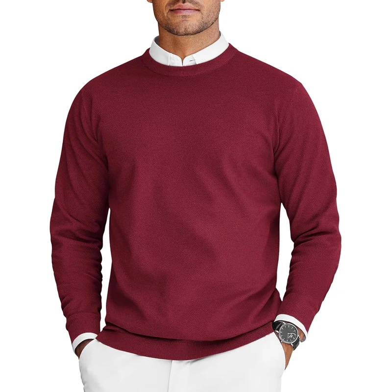 Męski sweter z okrągłym dekoltem, lekki dzianinowy oversize Bordowy