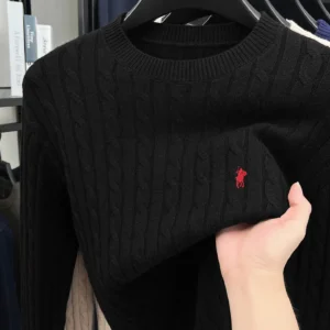 Męski sweter z okrągłym dekoltem żakardowy z haftem Czarny