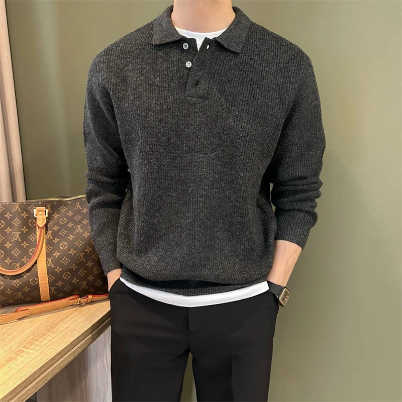 Męski sweter polo z grubej dzianiny Czarno szary