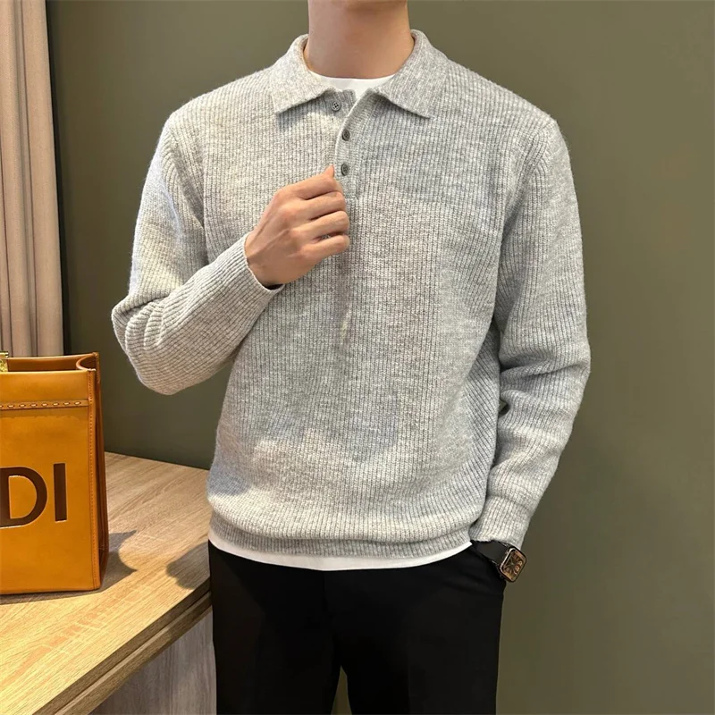 Męski sweter polo z grubej dzianiny Jasnoszary