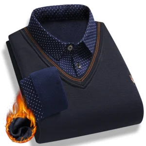 Męski sweter polo z polarowym wnętrzem Granatowy
