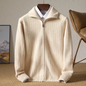 Sweter rozpinany męski z wełny merino ze stójką i zamkiem Beżowy