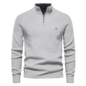 Męski sweter rozpinany na zamek ze stójką, ciepły Lightgrey