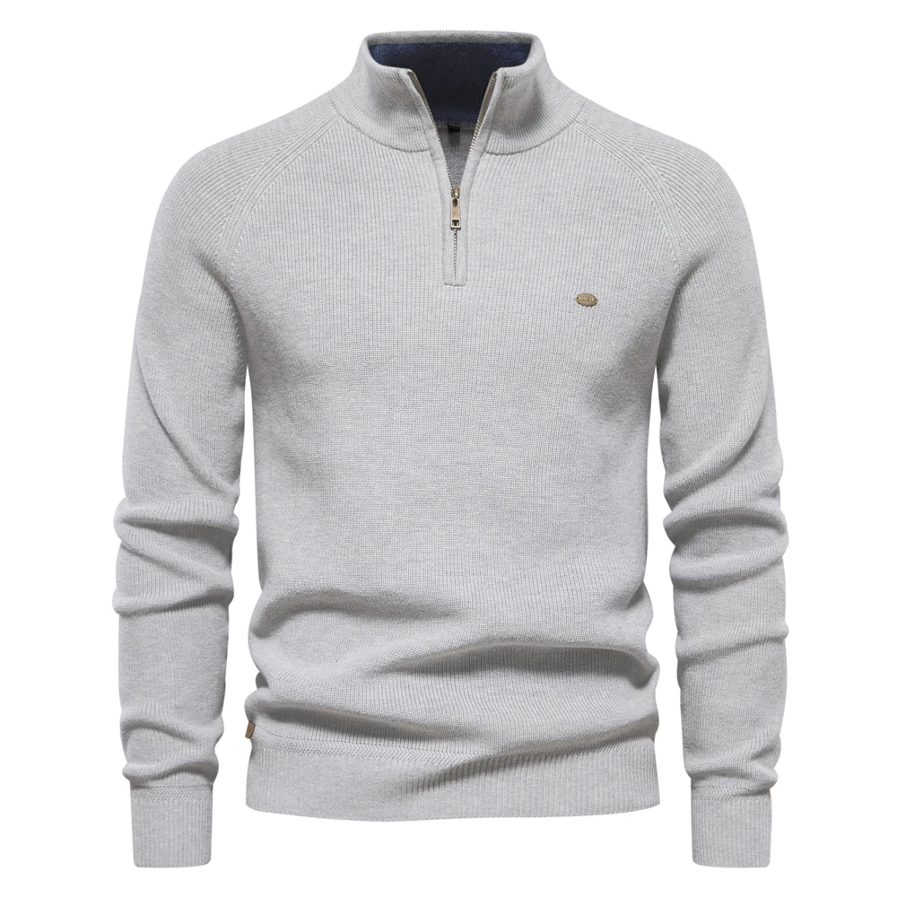 Męski sweter rozpinany na zamek ze stójką, ciepły Lightgrey