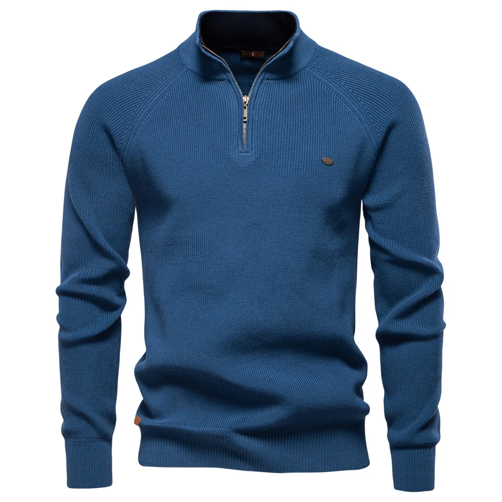 Męski sweter rozpinany na zamek ze stójką, ciepły Y832 denim