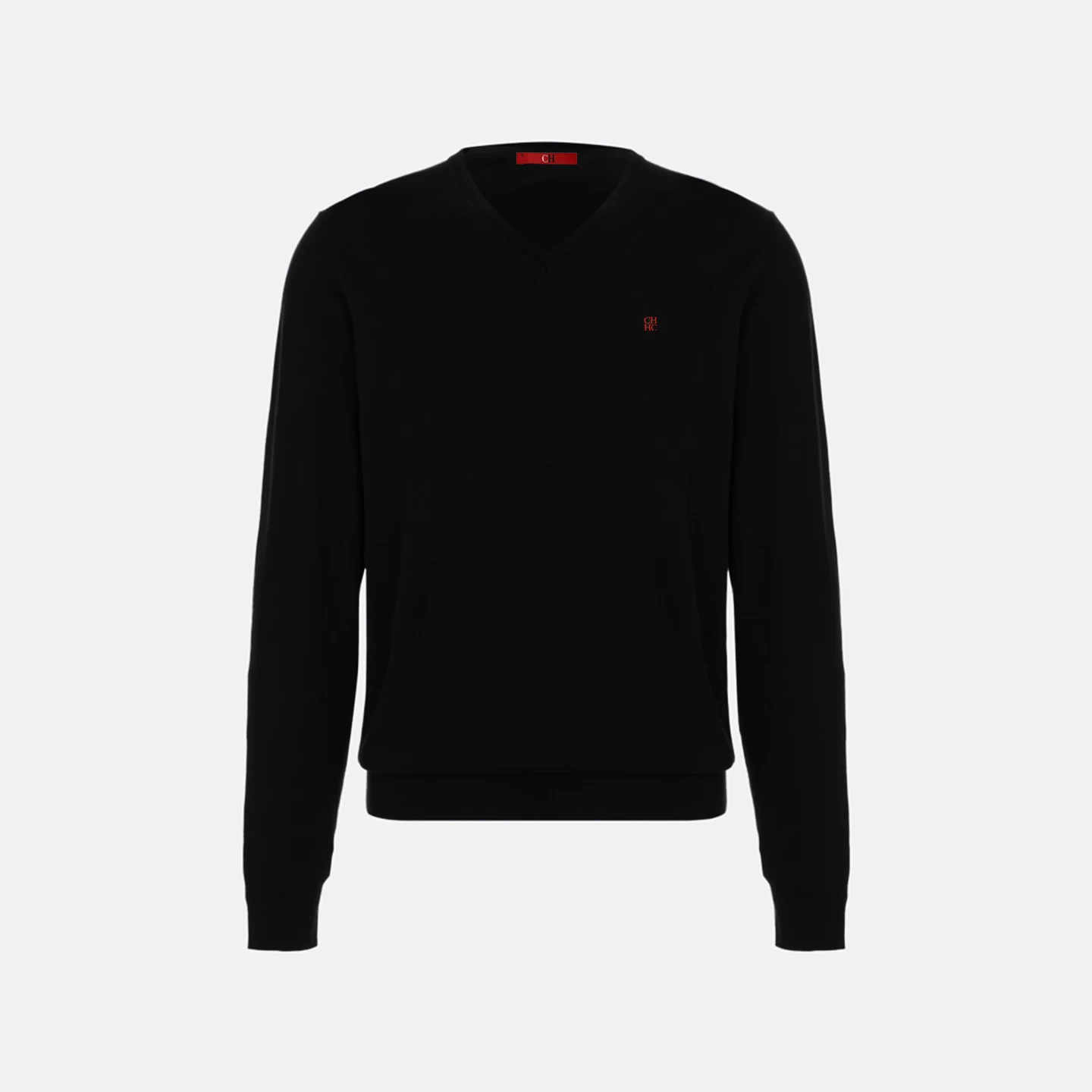 Męski sweter w serek slim fit z haftem Czarny