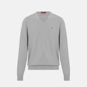 Męski sweter w serek slim fit z haftem Szary