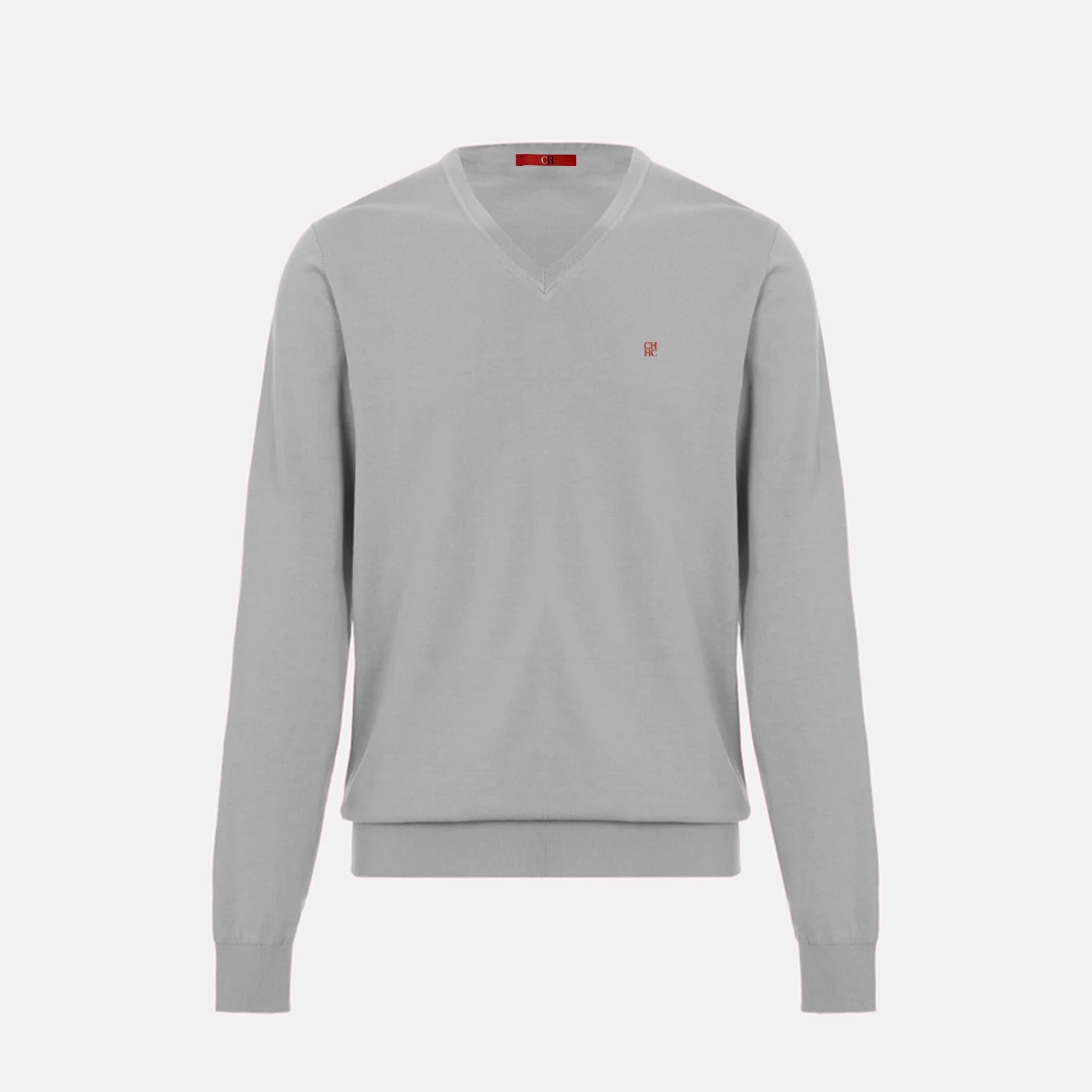 Męski sweter w serek slim fit z haftem Szary