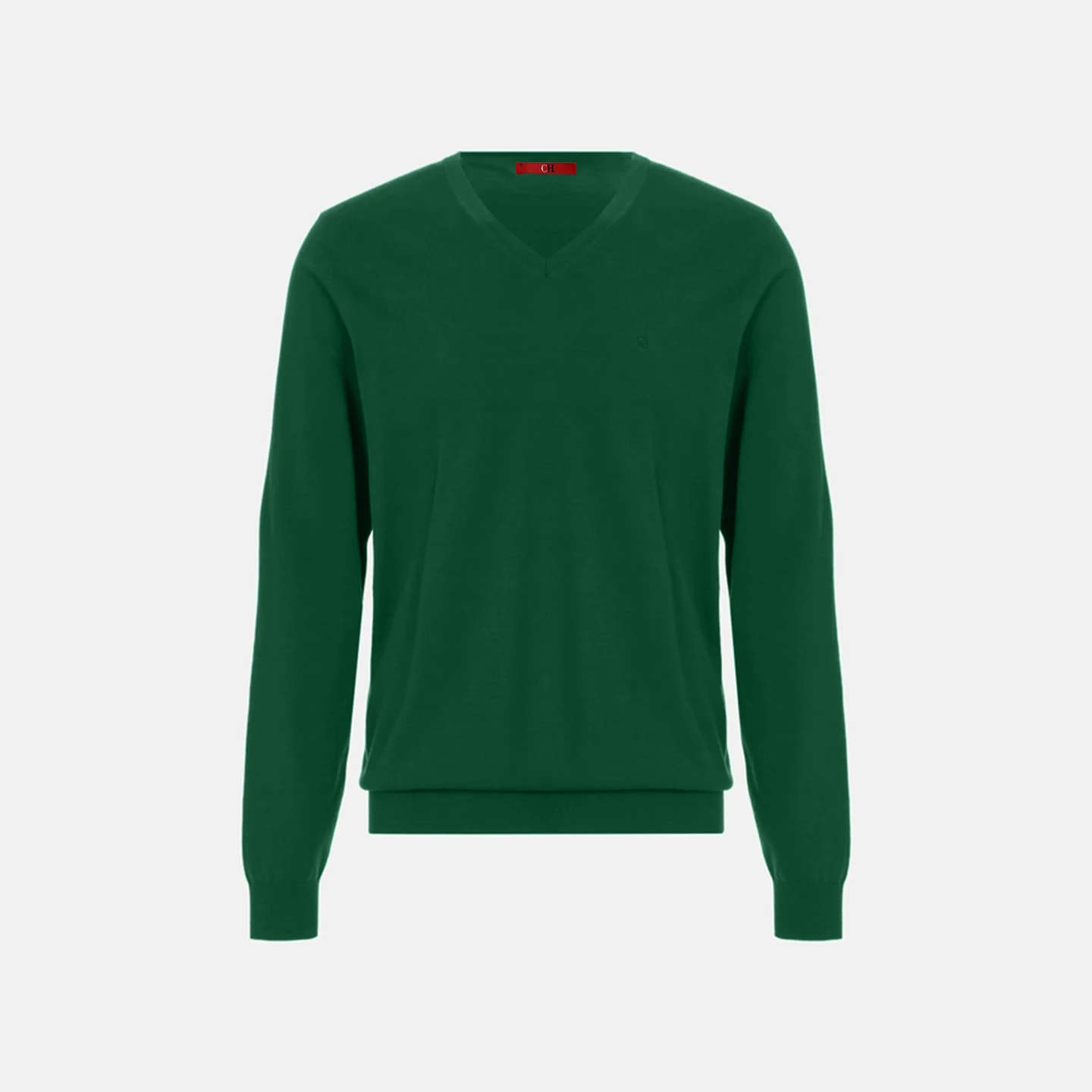 Męski sweter w serek slim fit z haftem Zielony