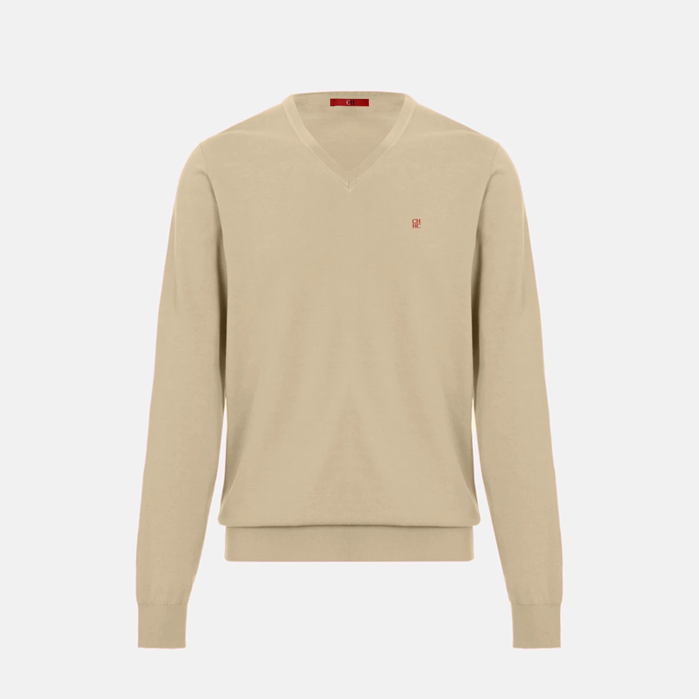 Męski sweter w serek slim fit z haftem Khaki