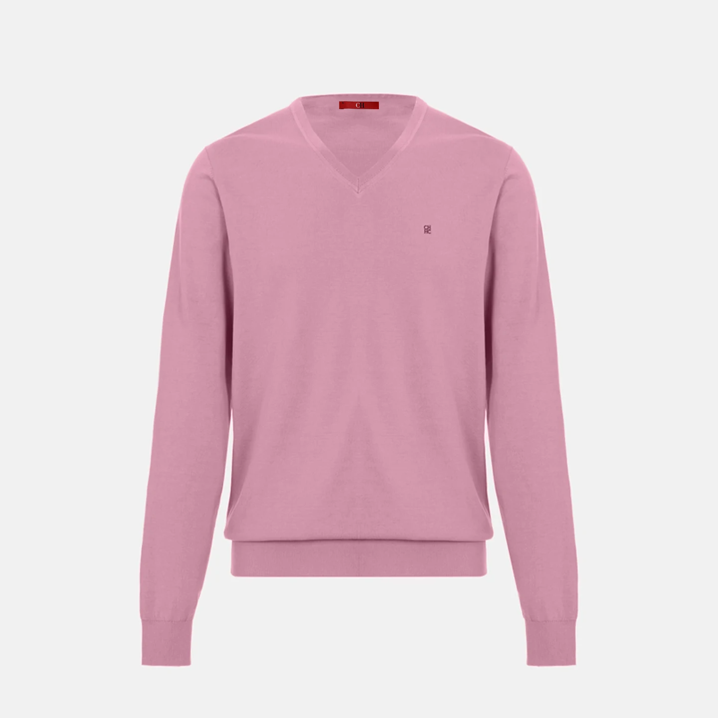 Męski sweter w serek slim fit z haftem Różowy