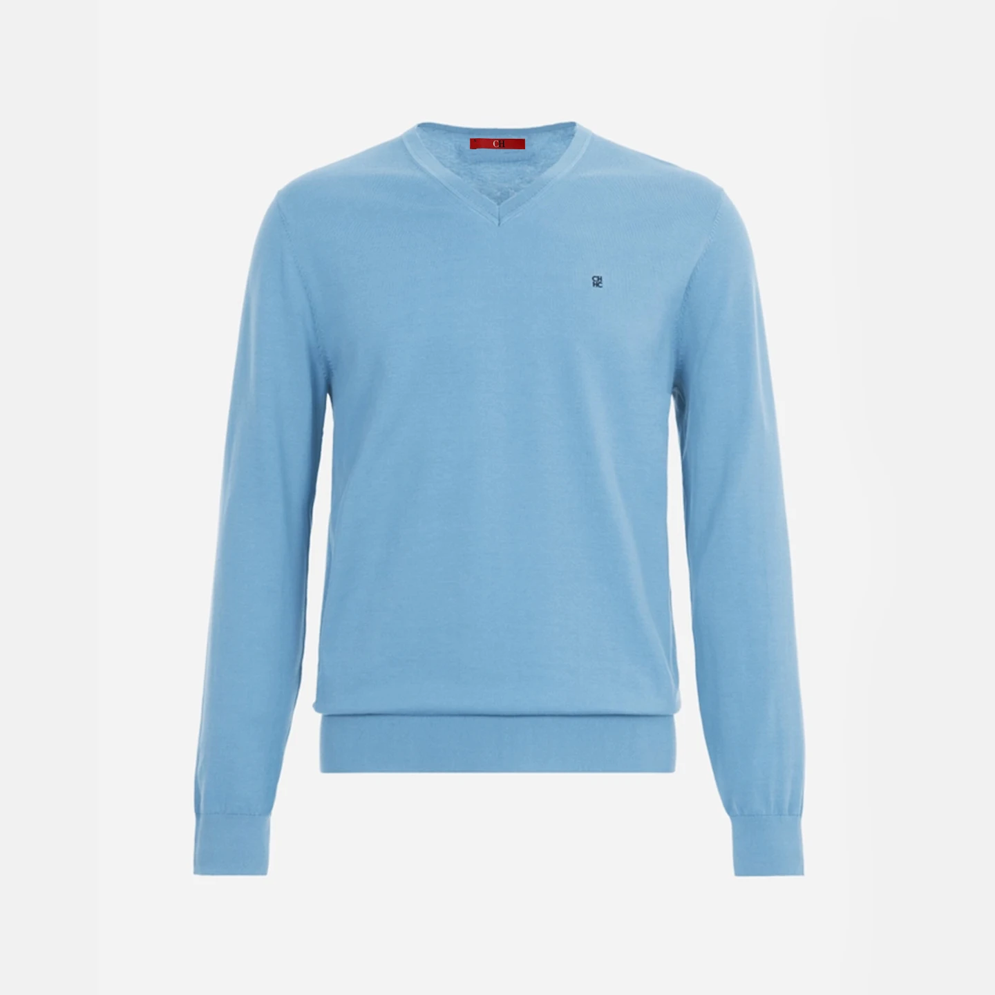 Męski sweter w serek slim fit z haftem Błękitny