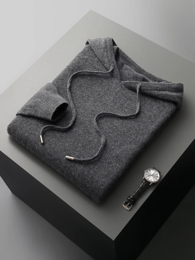 Męski sweter z wełny merino z kapturem Ciemnoszary