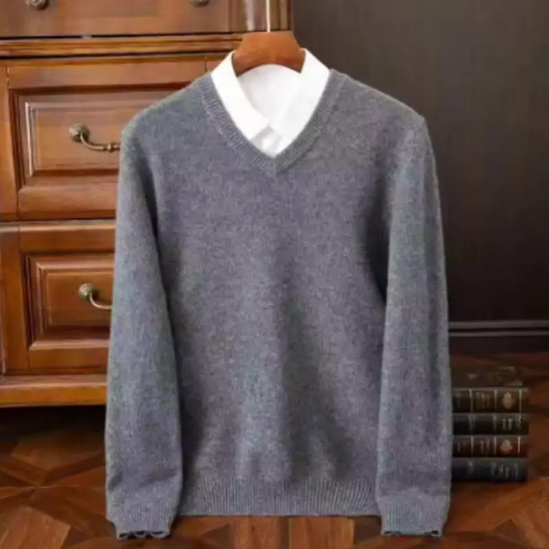 Męski sweter z dekoltem V z domieszką wełny Ciemnoszary dekolt w kształcie litery v