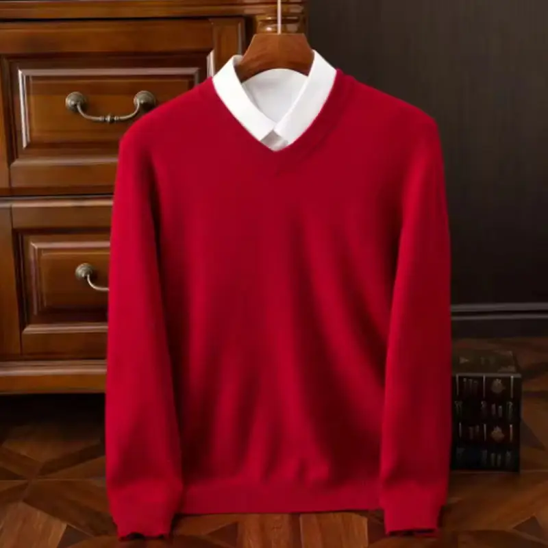 Męski sweter z dekoltem V z domieszką wełny Czerwone wino, dekolt w kształcie litery v