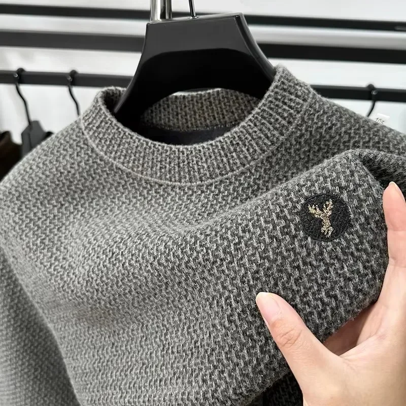 Męski sweter z haftem, gruby i ciepły, z dzianiny welurowej Khaki