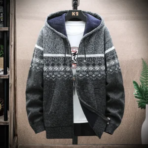 Męski sweter z kapturem w kratę zapinany na zamek Szary