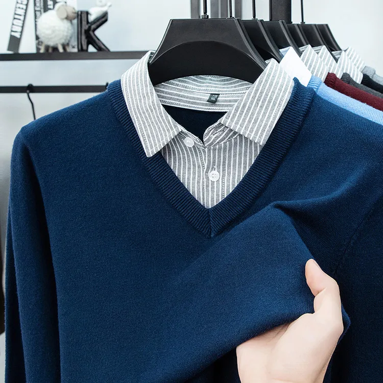 Męski sweter z kołnierzykiem koszuli efekt warstw Haqing