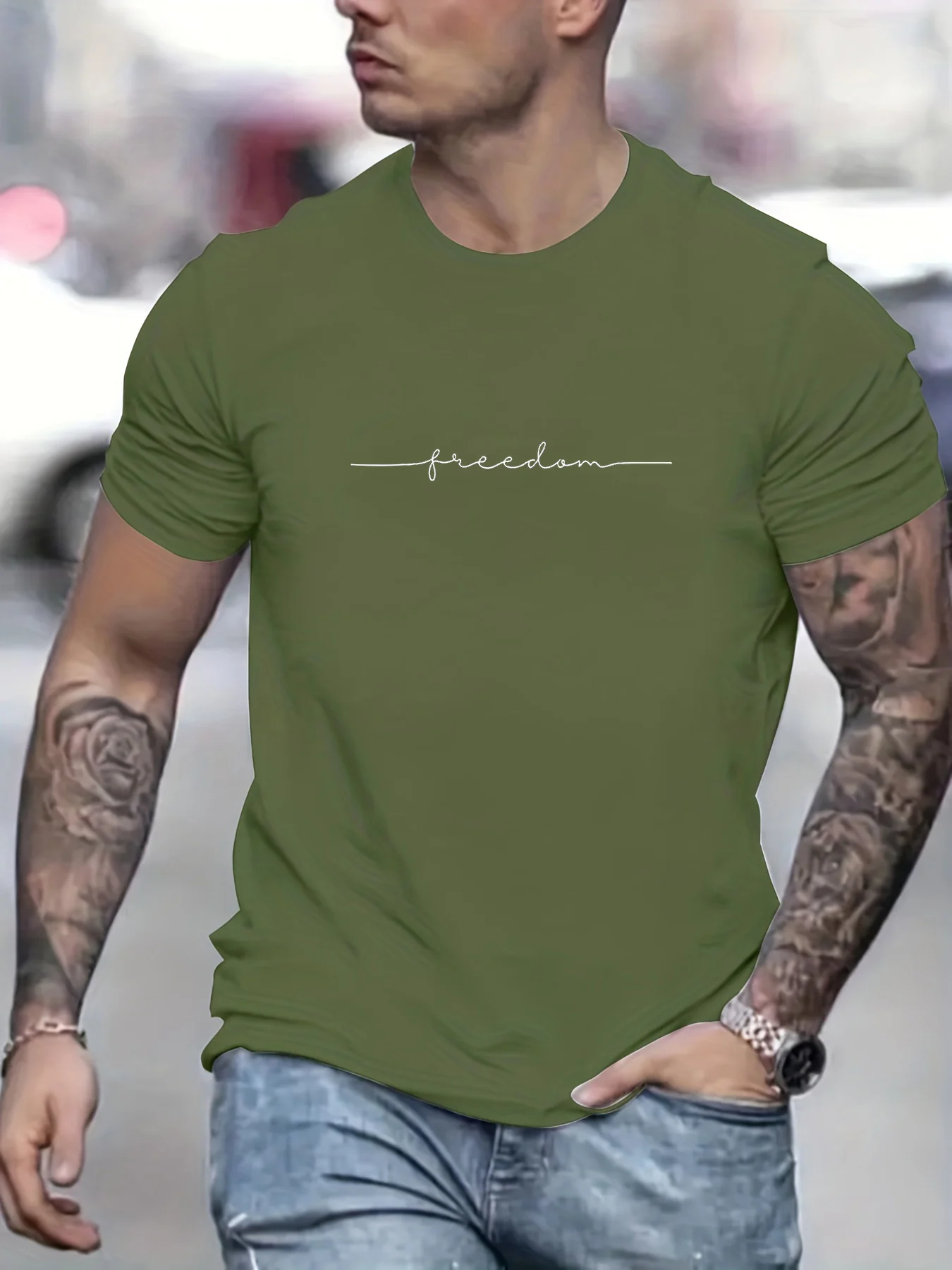 Męski t-shirt z bawełny z nadrukiem, krótki rękaw A0204