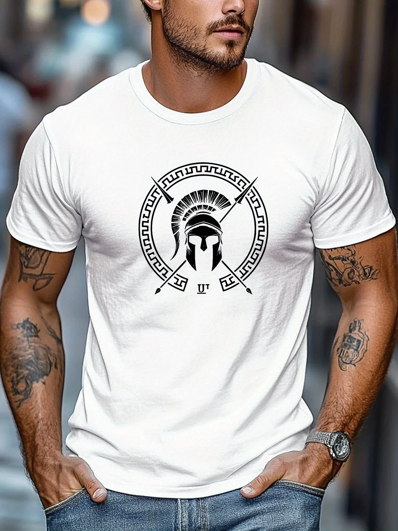 Męski T-shirt z bawełny z nadrukiem hełmu Spartanina A1836 bai