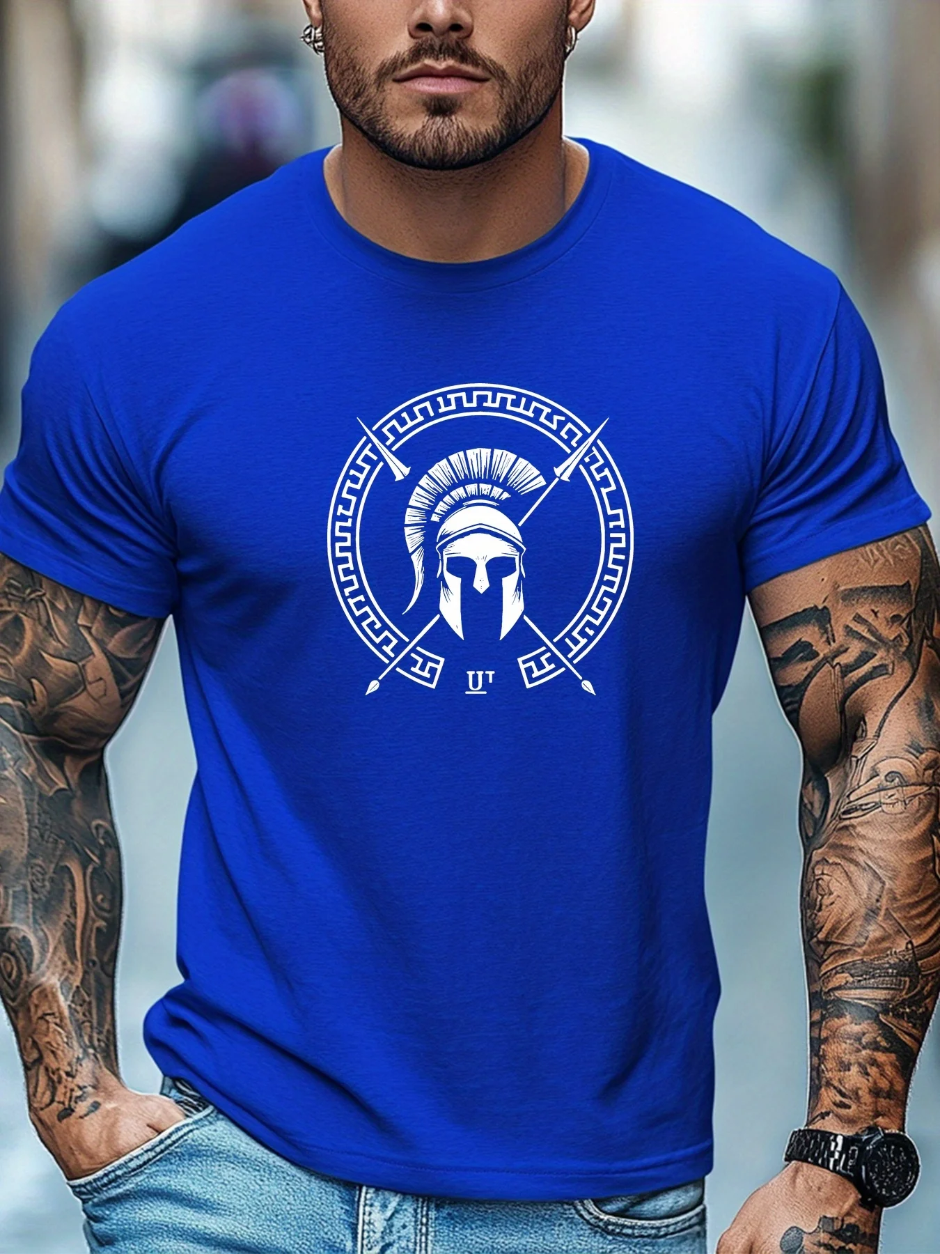 Męski T-shirt z bawełny z nadrukiem hełmu Spartanina A1836 bao lan