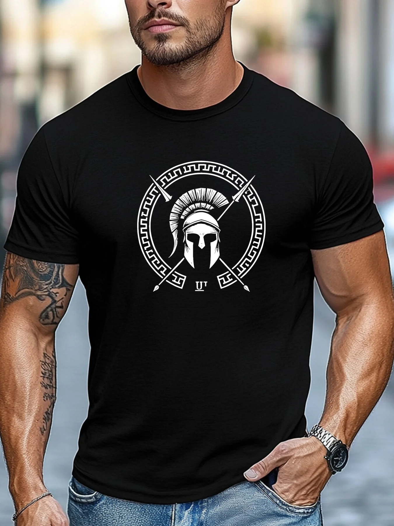Męski T-shirt z bawełny z nadrukiem hełmu Spartanina A1836 hei