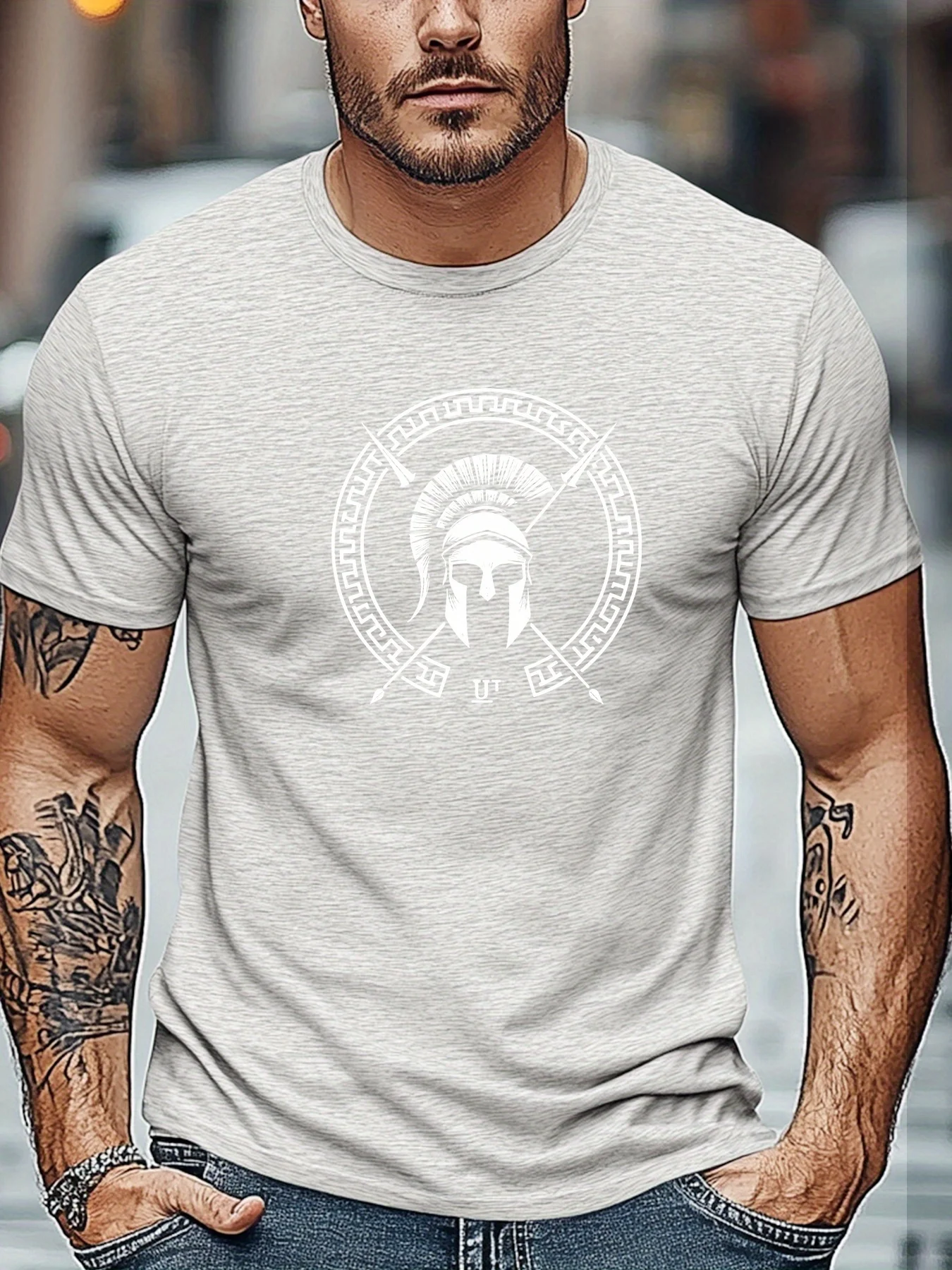 Męski T-shirt z bawełny z nadrukiem hełmu Spartanina A1836 hui
