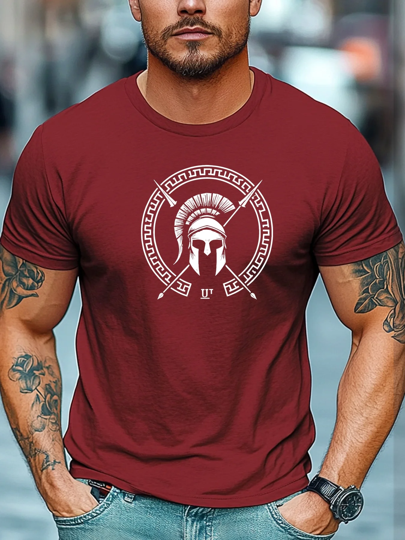 Męski T-shirt z bawełny z nadrukiem hełmu Spartanina A1836 jiu hong