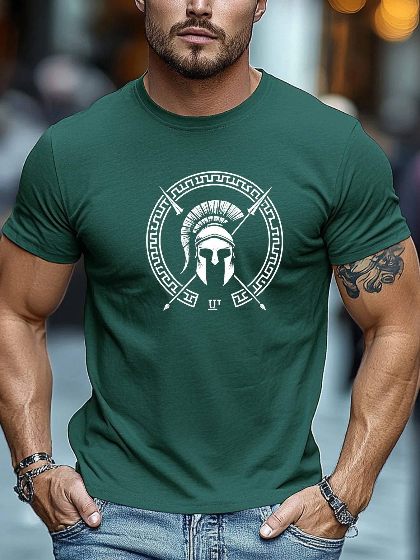 Męski T-shirt z bawełny z nadrukiem hełmu Spartanina A1836 lv