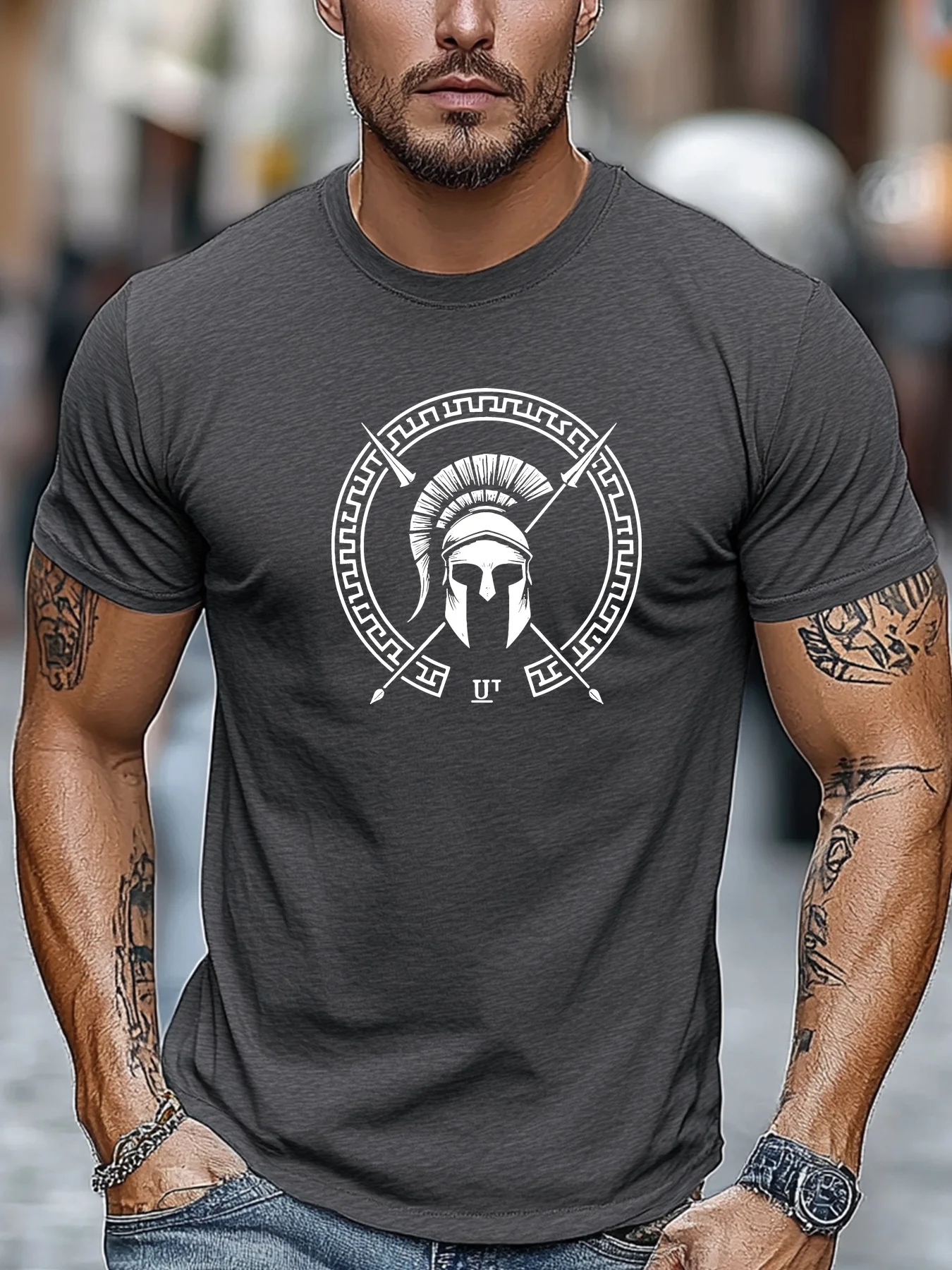 Męski T-shirt z bawełny z nadrukiem hełmu Spartanina A1836 shen hui