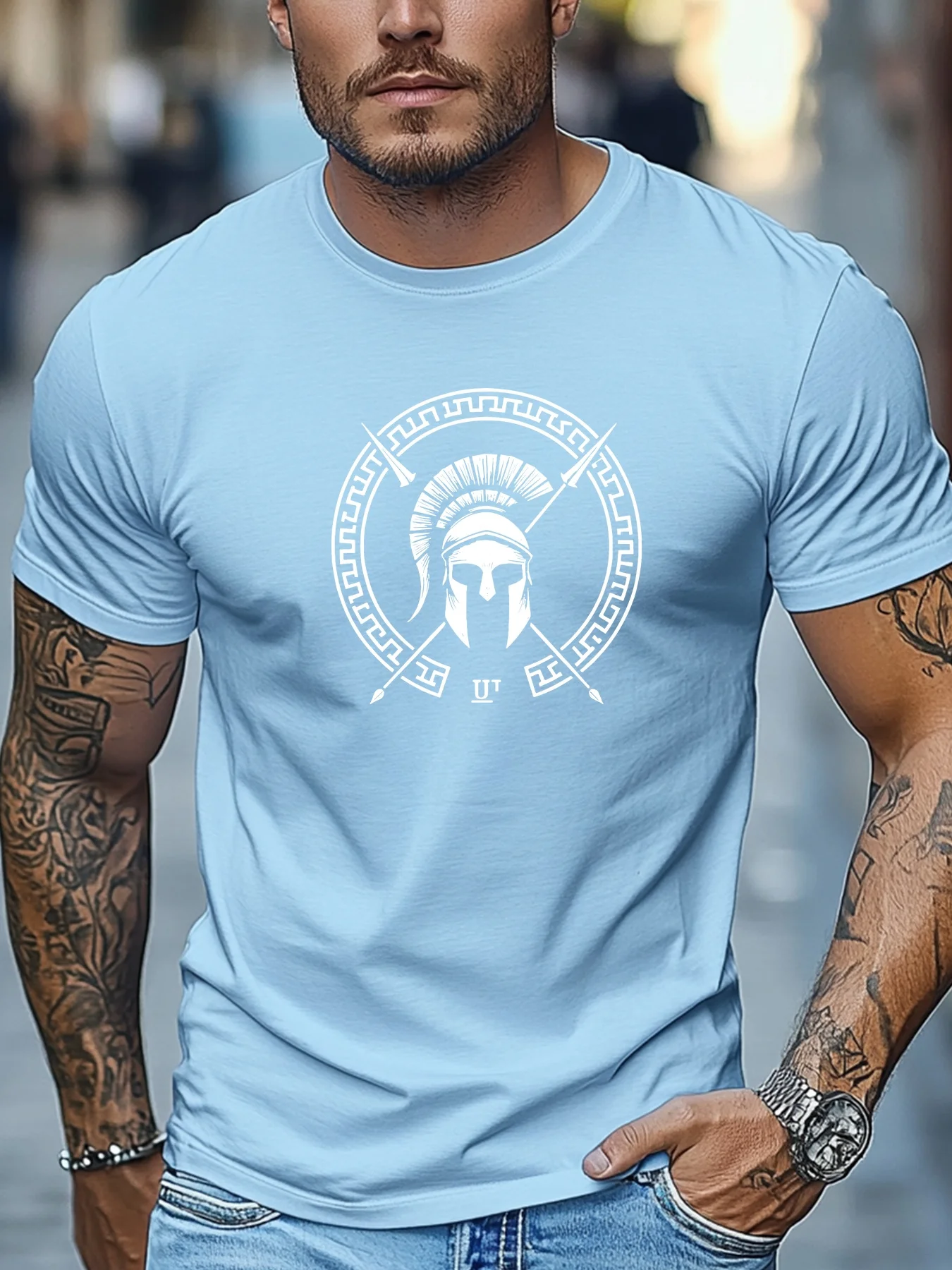 Męski T-shirt z bawełny z nadrukiem hełmu Spartanina A1836 wu lan