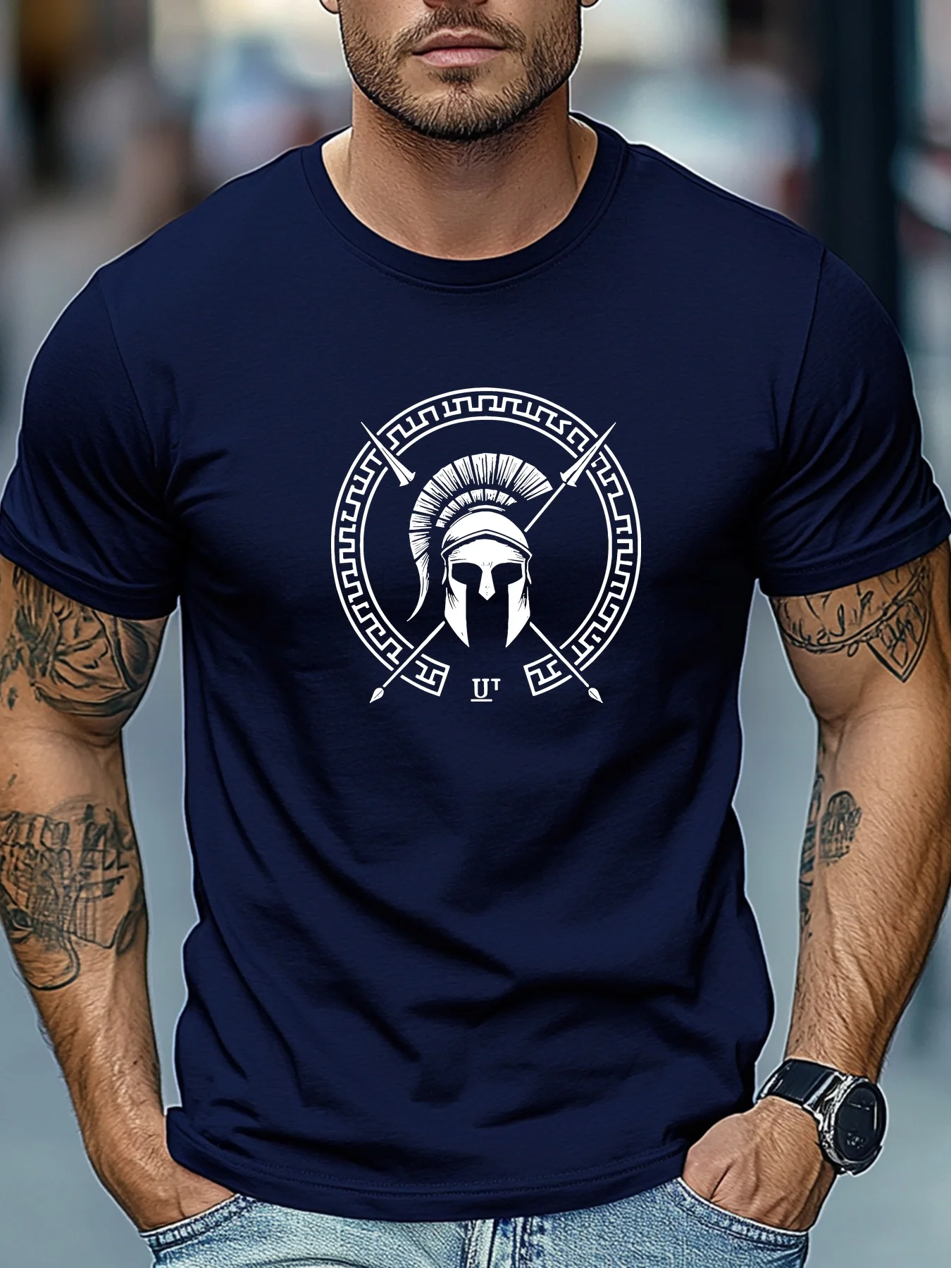 Męski T-shirt z bawełny z nadrukiem hełmu Spartanina A1836 zang qing